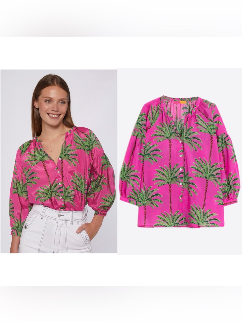 Vilagallo Womens Button Up Blouse Top 10 Palm Tree Print Puff Sleeves Pink